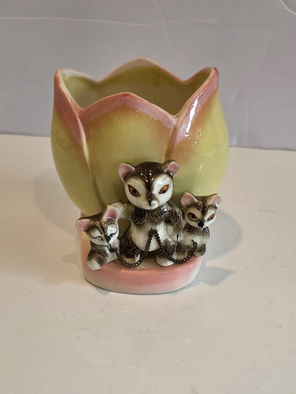 Vintage 1950s Ceramic Tulip Planter Featuring 3 Animals With Delicate Chain